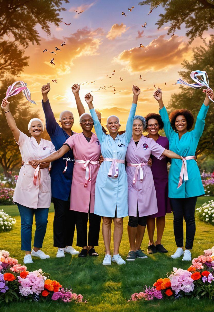 A hopeful and inspiring scene depicting a diverse group of cancer survivors celebrating their journey, surrounded by symbols of healing like ribbons and flowers. The background features a serene park with a warm sunset illuminating the sky, representing new beginnings. Include elements of medical advancements like DNA strands and healing hands in the foreground. super-realistic. vibrant colors. warm lighting.