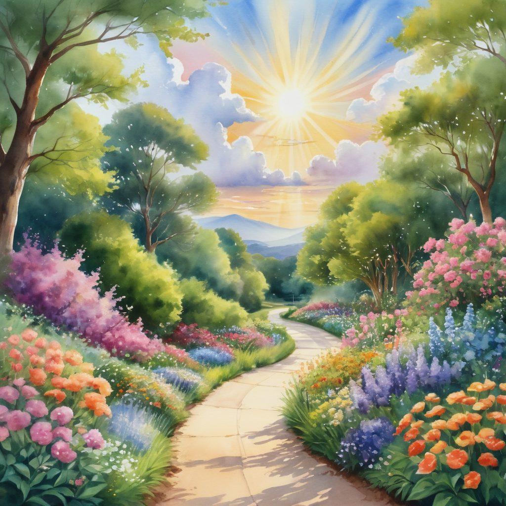 A serene landscape depicting a winding road through a lush garden, symbolizing the journey of cancer survivorship. Along the path, gentle beams of sunlight illuminate vibrant, blooming flowers representing hope and resilience. In the foreground, a diverse group of individuals, smiling and supportive, hold hands, showcasing community and strength. Soft clouds float above, creating a peaceful atmosphere. watercolor painting. vibrant colors.