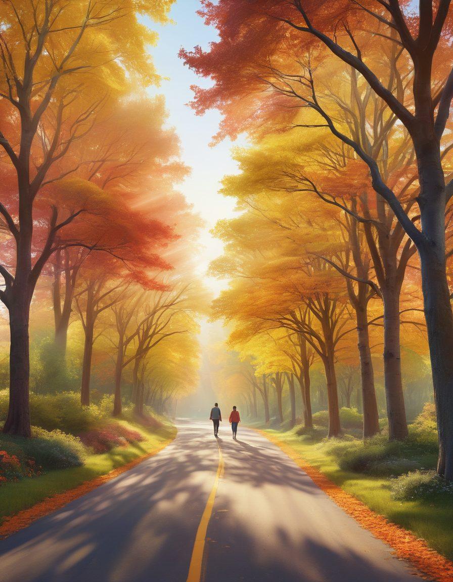 A serene landscape featuring a winding road symbolizing the journey to recovery, lined with vibrant trees representing emotional well-being. In the foreground, a diverse group of people walking together, engaging in supportive conversations about illness prevention. Soft sunlight filtering through the trees creates a warm, hopeful atmosphere. super-realistic. vibrant colors. peaceful setting.